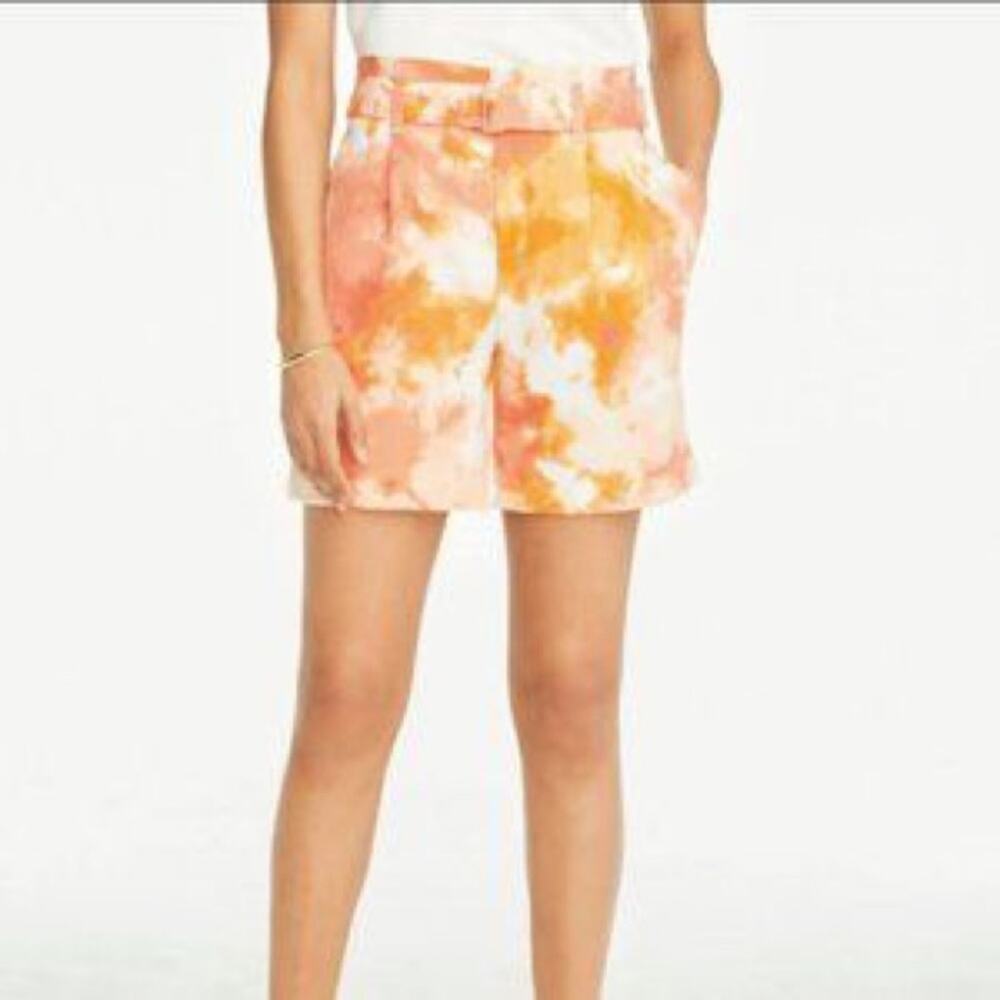 NWT Ann Taylor Orange White Print Belted Shorts Size 10
